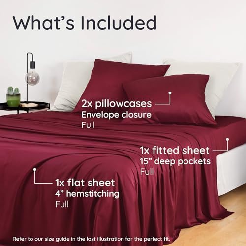 Bambaw 100% Viscose Derived from Bamboo Sheets Full Size Set – 4pcs Set of Full Size Bed Sheets Cooling and Soft, with Elastic Corner Straps, Bedding for Night Sweats (Burgundy)