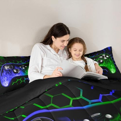 Erosebridal Ombre Art Honeycomb Gaming Bedding Set Blue Green Neon Lights Game Console Full Size Gaming Comforter Sets for Boys Geometric Hexagon Beehive Quilt Set Gamer Room Decor for Boys