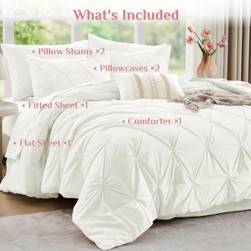 JOLLYVOGUE Full Size Comforter Sets 7 Pieces - Bed in a Bag Full for All Season, Pintuck Bedding Comforter Sets with Comforter, Flat Sheet, Fitted Sheet and Pillowcases & Shams, Ivory