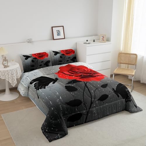 jejeloiu Red Rose Comforter Set Queen Size Kids Floral Flower Bedding Set for Boys Girls Teens Garden Flower Butterfly Duvet Breathable Romantic Quilt Bedroom Decor,1 Comforter with 2 Pillowcase