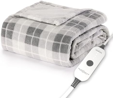 Sunbeam Electric Throw Royal Luxe Microplush Heated Blanket, 4 Heat Settings, 4-Hour Auto Shut-Off, Fast Heating, Warm and Cozy, Grey Rodeen Plaid, 50" x 60"