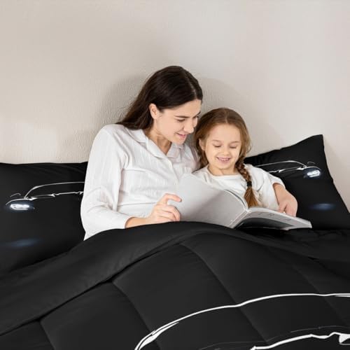 Black Race Car Comforter Set Queen Size,Race Car Room Decor for Boys,Sports Bedding Sets for Kids Boys Girls Teens,Cars Racing Games Bedding Comforter Set,Luxury Soft With 2 Pillow Cases Bedroom Decor