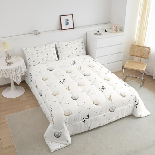Golf Comforter Set Twin Size for Kids Teens Adults Men Home Room Decor,Ball Sports Game Lovers Bedding Set 2pcs,Gray Brown Sketch Golf Quilt Set Seasons Soft Duvet Insert with 1 Pillowcase