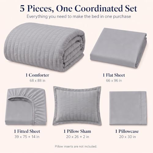 CozyLux Twin Comforter Set, 5 Pieces Grey Seersucker Bed in a Bag