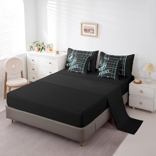 Sports Bed in a Bag 7-Piece for Boys Football Bedding Set, Soccer Game Full Size Comforter Set Black Teal Blue Bedding Comforter Sets, Neon Blue Rugby Field Bed Set Lightweight (Black Reversible)