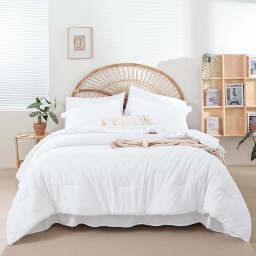 weigelia White Queen Comforter Set with Sheets - 7 Piece Bed in a Bag Queen