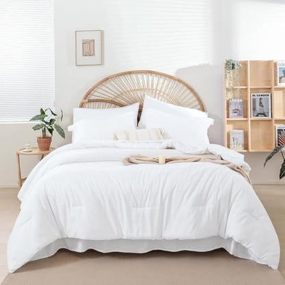 weigelia White Queen Comforter Set with Sheets - 7 Piece Bed in a Bag Queen