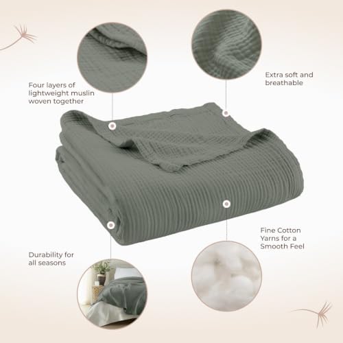 100% Cotton Organic Muslin Throw Blanket for Adults GOTS & Fairtrade Certified Organic Cotton - Couch Living Room and Bedroom Decor - 4 Layer Super Soft and Cozy (Shadow, Twin)