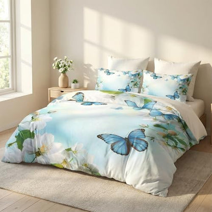 CCoutueChen Butterfly Floral Bedding Set King Size, Country Comforter for Women Blue Botanical Flowers Bedroom Decor, 3 Pcs 2 Pillowcases, 104"x90"