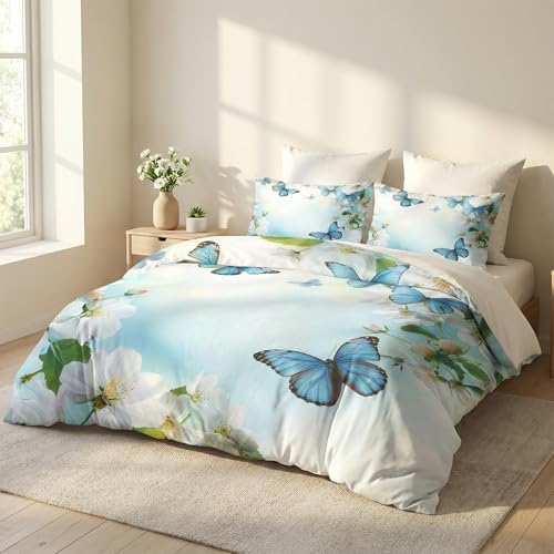 CCoutueChen Kids Butterfly Floral Comforter Set Full Size, Blue Botanical Flowers Bedding Set for Girls, 3 Pieces Soft Fluffy Microfiber Country Bed Sets with 2 Pillowcases, 79"x90"
