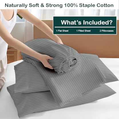 NON Sticky cotton King 4 Piece Sheet Set, 100% Long Staple Cotton, Soft Cooling Hotel Luxury Bedding Sheets, Deep Pocket Fits 10" to 18" Mattress, 78" x 80", Light Grey Stripe
