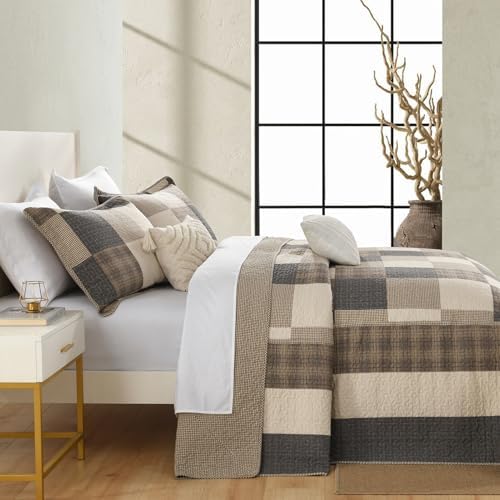 SahSahCasa 120"x102" 100% Cotton Oversized Queen Bedspread Coverlet Quilt Set, Queen Quilted Bedspread Extra Large Quilt, XL Bed Spread Lightweight Comforter, 3pc, Charcoal/Beige/Brown