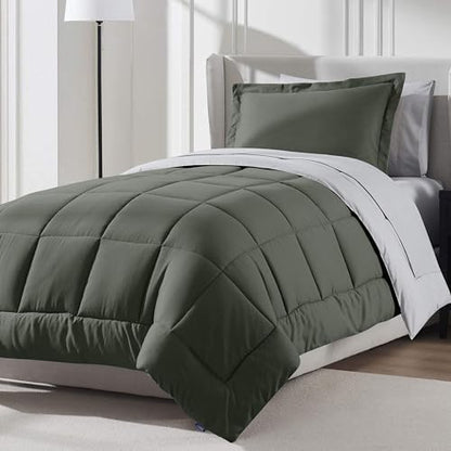Nestl 7 Piece Twin XL Comforter Set – Olive Green Reversible Bed in a Bag – Complete Twin XL Size Bedding Set with Sheets, Set of 2 Down Alternative Pillows, Pillowcase and Sham
