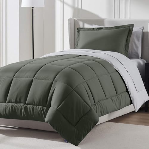 Nestl 7 Piece Twin Comforter Set – Olive Green Reversible Bed in a Bag – Complete Twin Size Bedding Set with Sheets, Set of 2 Cooling Pillows, Pillowcase and Sham