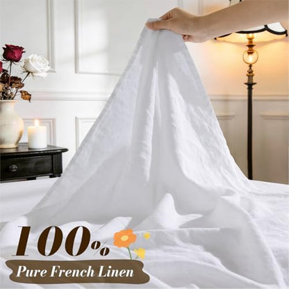 SONORO KATE 100% French Linen Queen Size Sheets Set,Natural Flax Bedding