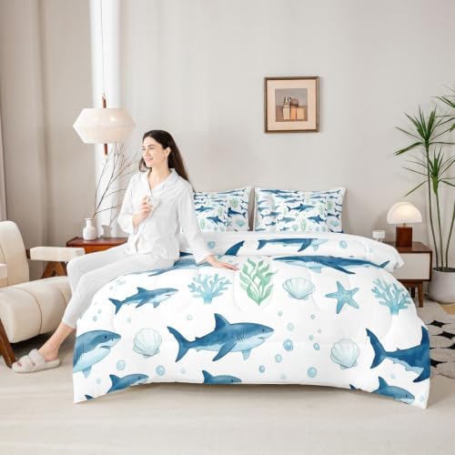Feelyou Shark Queen Comforter Set with Sheets for Kids Boys Girls Ocean Sea Animal Marine 7 Pieces Bedding Set Underwater World Bed in a Bag Room Decor Soft Lightweight Microfiber