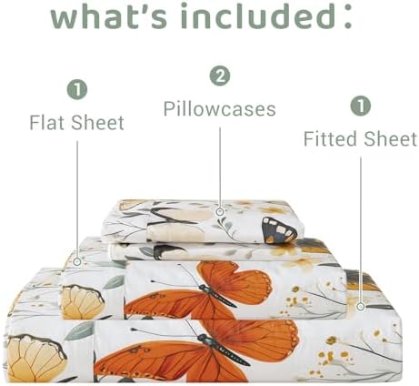 QSH Green Floral Egyptian Cotton Sheets King Size,Rosemary Flowers Butterfly Botanical Pattern Printed Bed Sheet King Aesthetic Extra Soft and Breathable 17.5" Deep Pockets King Bedding Sheets 4PCs
