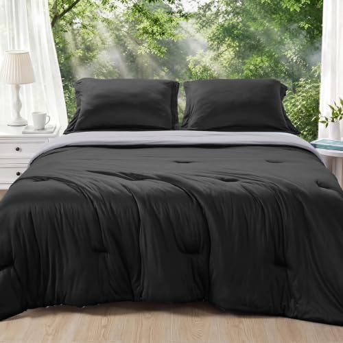 MUXHOMO Cooling Comforter Set Full Size, Lightweight Summer Comforter for Hot Sleeper, Reversible Bedding with ICY Cooling Surface, Includes 1 Comforter (82"x86") and 2 Shams (20"x 26"), Black