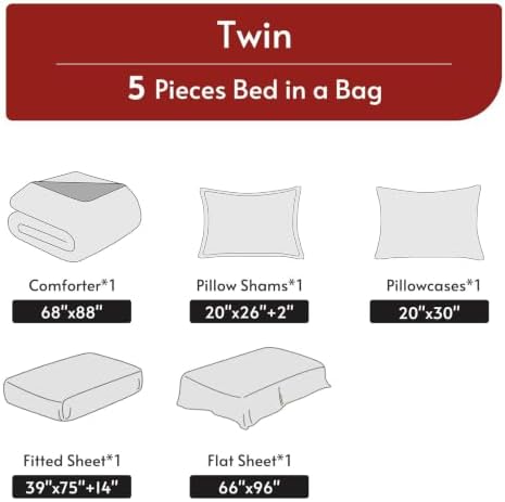 MUXHOMO 5 Pieces Twin Comforter Set, Reversible Bed in a Bag Twin Size, All Season Bedding Set with Comforter, Flat Sheet, Fitted Sheet, Pillowcases & Shams, Pink & Light Grey