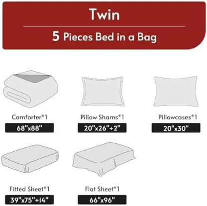 MUXHOMO 5 Pieces Twin Comforter Set, Reversible Bed in a Bag Twin Size, All Season Bedding Set with Comforter, Flat Sheet, Fitted Sheet, Pillowcases & Shams, Pink & Light Grey