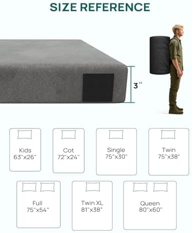 Releep 3 Inch Dual-Sided Memory Foam Camping Mattress, Waterproof Camping Sleeping Pad with Portable Pillow & Carry Bag, Roll Up Cot Mattress Mat for Guest Bed/Car/Tent