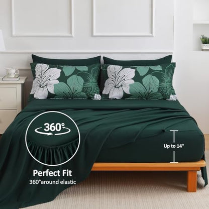 Emerald Green Comforter Set Queen Size, 7 Pieces Floral Bed in a Bag