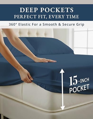LANE LINEN California King Sheets 100% Egyptian Cotton Sateen - Estate Blue
