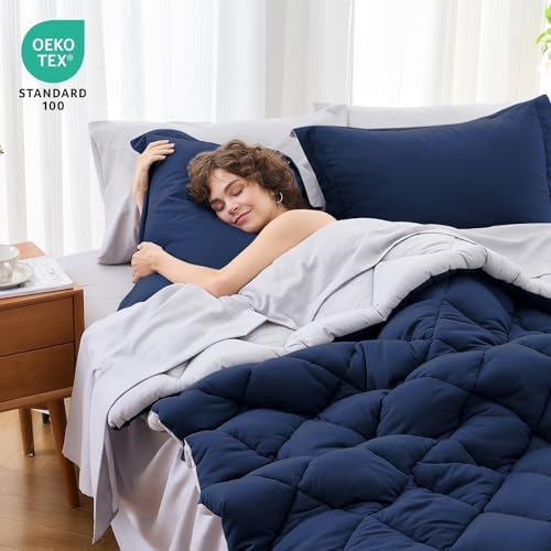 MUXHOMO 7 Pieces King Comforter Set, Reversible Bed in a Bag King Size, All Season Bedding Set with Comforter, Flat Sheet, Fitted Sheet, Pillowcases & Shams, Navy & Light Grey
