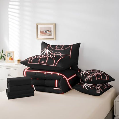 Sports Bedding King Size 7-Piece Basketball Comforter Set for Girls Boys, Neon Glowing Red Bedding Comforter Sets Sport Theme Bed in a Bag, Black Red Bedding Accessories Microfiber (Black Reversible)