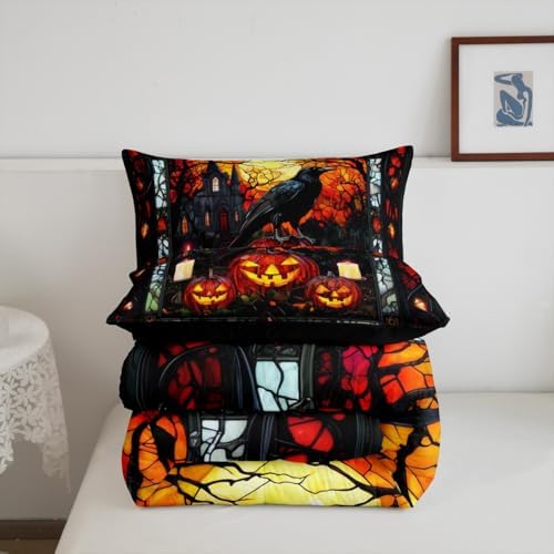 Crow Kids Comforter Set Full Size,Halloween Pumpkin Lantern Lamp Gothic Bedding Set,Girls Boys Room Decor,Castle Branch Geometric Patchwork Quilt Comforter,Black Retro Duvet Insert,2 Pillowcases