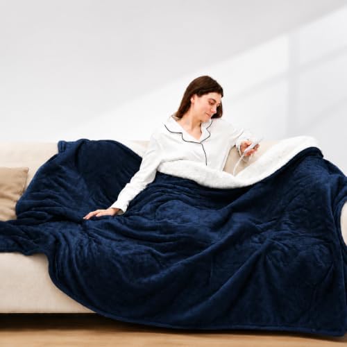 Heated Blanket Full Size, Soft Cozy Flannel Sherpa Electric Blanket with Fast Heating & Overheat Protection, Machine Washable Heating Blanket with Timer for Bed Camping Office, 72" x 84", Navy Blue