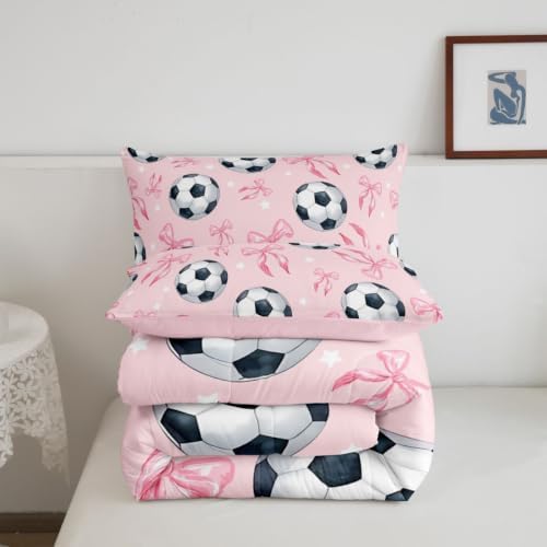 Coquette Soccer Down Comforter Queen Size,Pink Ribbon Bowknot Bedding Sets 3Pcs for Kids Teens Woman Men Room Decor,Cute Stars Pattern Quilted Duvet Sports Bow Game Bedspread,2 Pillowcases