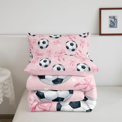 Coquette Soccer Down Comforter Queen Size,Pink Ribbon Bowknot Bedding Sets 3Pcs for Kids Teens Woman Men Room Decor,Cute Stars Pattern Quilted Duvet Sports Bow Game Bedspread,2 Pillowcases