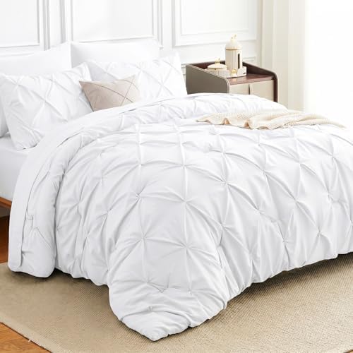 HIMEET Full Size Comforter Set White - 7 Pieces Pintuck Bed in a Bag