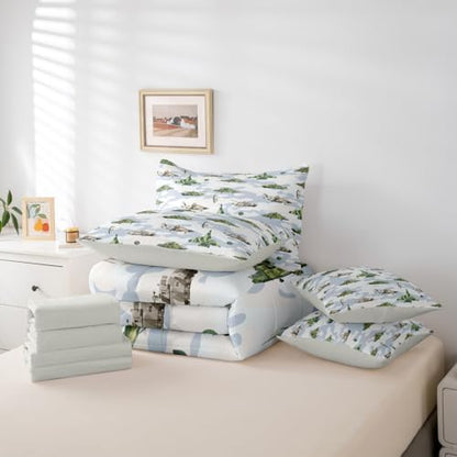 Feelyou Army Military 7 Piece Bedding Set Camouflage Print Comforter Set with Sheets for Kids Boys Girls Tank Aircraft Bed in a Bag Army Green Bed Set Soft Lightweight