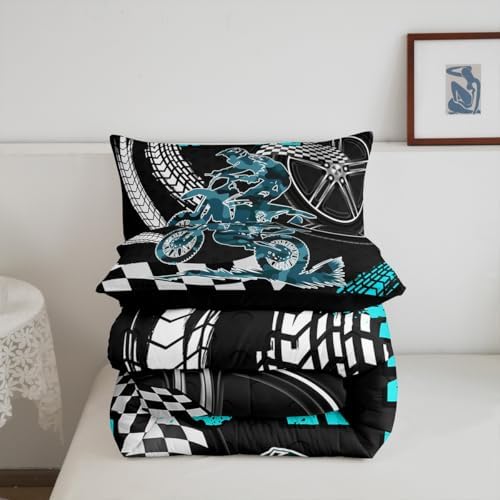 Racing Motorcycle Comforter Set Dirt Bike Motocross Rider Queen Bedding Sets for Boys Girls,Extreme Sports Moto Quilt Motorbike Vehicles Duvet Insert,Black White Lattice Buffalo Plaid Decor