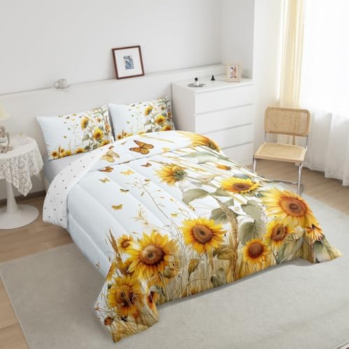 jejeloiu Sunflower Comforter Set Queen Size Kids Butterfly Rustic Floral Bedding Set Boys Girls Teens Yellow Flowers Duvet Breathable Botanical Spring Quilt Bedroom Decor,1 Comforter with 2 Pillowcase