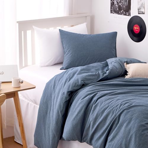 Wake In Cloud - Cotton Duvet Cover Set, 100% Washed Cotton, Linen Like Textured, Breathable Durable Comfy Farmhouse Neutral Bedding Set, 3 Pieces, Denim Blue, Twin/Twin XL Size