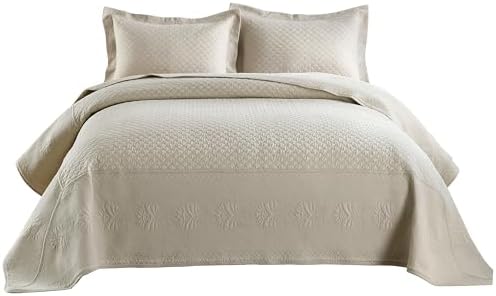MarCielo 3-Piece 100% Cotton Oversized Bedspread Lightweight Quilt Coverlet Embroidery Farmhouse Bedding Set (TM Khaki Beige, Oversized Queen (100"x106"))