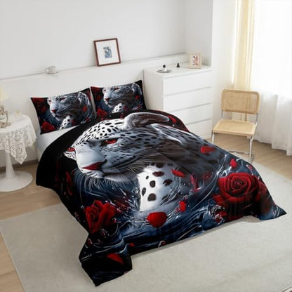 jejeloiu Leopard Comforter Set Full Size Kids Cheetah Print Rose Bedding Set for Boys Girls Teens Wild Animal Duvet Breathable Safari Quilt Bedroom Decor,1 Comforter with 2 Pillowcase