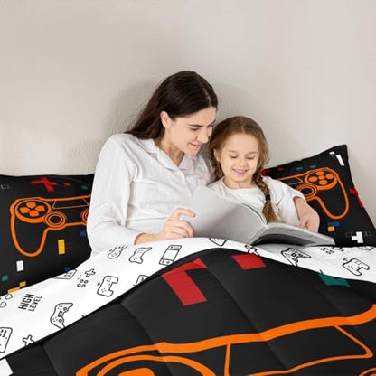 Feelyou Kids Gamer Bedding Set Toddler Size, Geometric Gaming Comforter Game Comforter Set Boys Girls Gamepad Teens Duvet Set Bedroom Decor with 1 Pillow Case