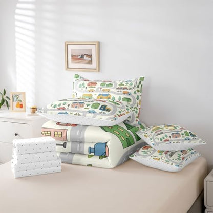 Erosebridal 7 Pcs Cartoon City Car Bedding Set King Size Cute Bicycle Train Kids Comforter Set with Sheets Multicolor Cityscape Bed in A Bag for Boys Girls Transportation Road & Railway Bed Sets