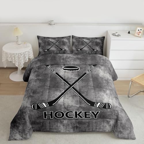 Ice Hockey Bedding Set Full Size,Vintage Gray Tie Dye Comforter Set 3pcs for Kids Boys Men Room Decor,Black Hockey Punk Quilt Set Winter Ball Sports Game Duvet Insert,2 Pillowcases
