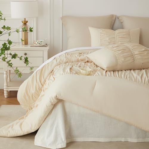 Cupocupa Ruched Ruffle Comforter Set Twin - 2 Piece Wheat Checkered Bedding Set - Aesthetic Cottagecore Ruffled Farmhouse Comforter with 1 Pillow Shams - Soft, Lightweight All Season Bedding
