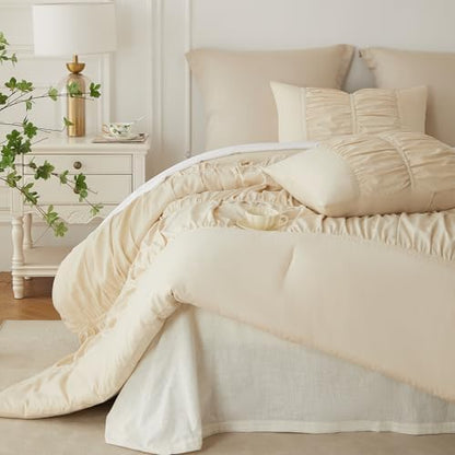 Cupocupa Ruched Ruffle Comforter Set Twin - 2 Piece Wheat Checkered Bedding Set - Aesthetic Cottagecore Ruffled Farmhouse Comforter with 1 Pillow Shams - Soft, Lightweight All Season Bedding