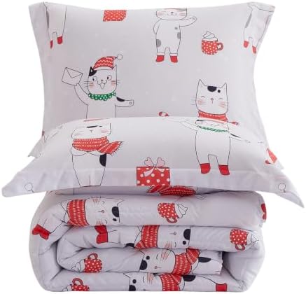 Yibeizi Kids Christmas Bed Comforter Set Twin Cute Cat Printed Xmas Bedding