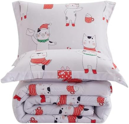 Yibeizi Kids Christmas Bed Comforter Set Full Cute Cat Printed Xmas Bedding