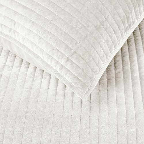Wonderful - Velvet Quilt Set King Size Cream Ivory, Soft Cotton-Feel Plush Coverlet with Shams, Premium Vertical Channel Stitched, Lightweight All-Season Bedspread