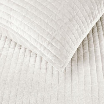 Wonderful - Velvet Quilt Set King Size Cream Ivory, Soft Cotton-Feel Plush Coverlet with Shams, Premium Vertical Channel Stitched, Lightweight All-Season Bedspread