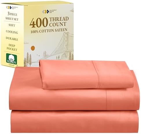 California Design Den Twin XL Sheets Set - Soft 400 Thread Count Sateen, Natural 100% Cotton Bed Sheets Twin XL, Deep Pockets with All Around Elastic for a Snug Fit, Durable Bedding - Bright Salmon